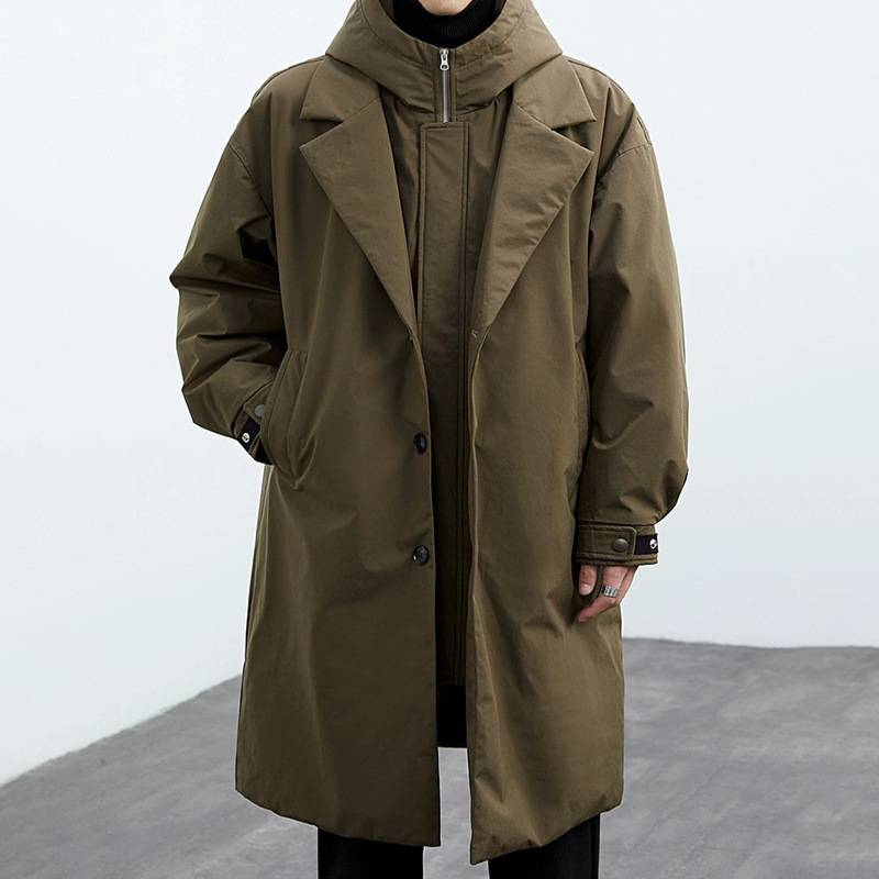 Modischer, langer Parka-Mantel für Herren, Windjacke mit abnehmbarer Kapuze und zweiteiligem Kunstdesign, wasserabweisendes Polyester-Obermaterial_voghion.com