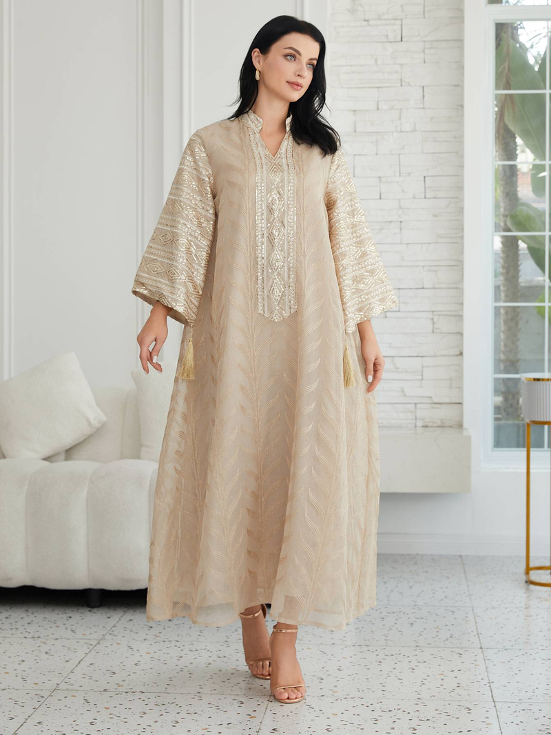 Elegantes nahöstliches muslimisches Abaya-Kleid mit bestickten Perlen und Spitzenbesatz – schlichtes langärmeliges Maxikleid für Frauen_voghion.com