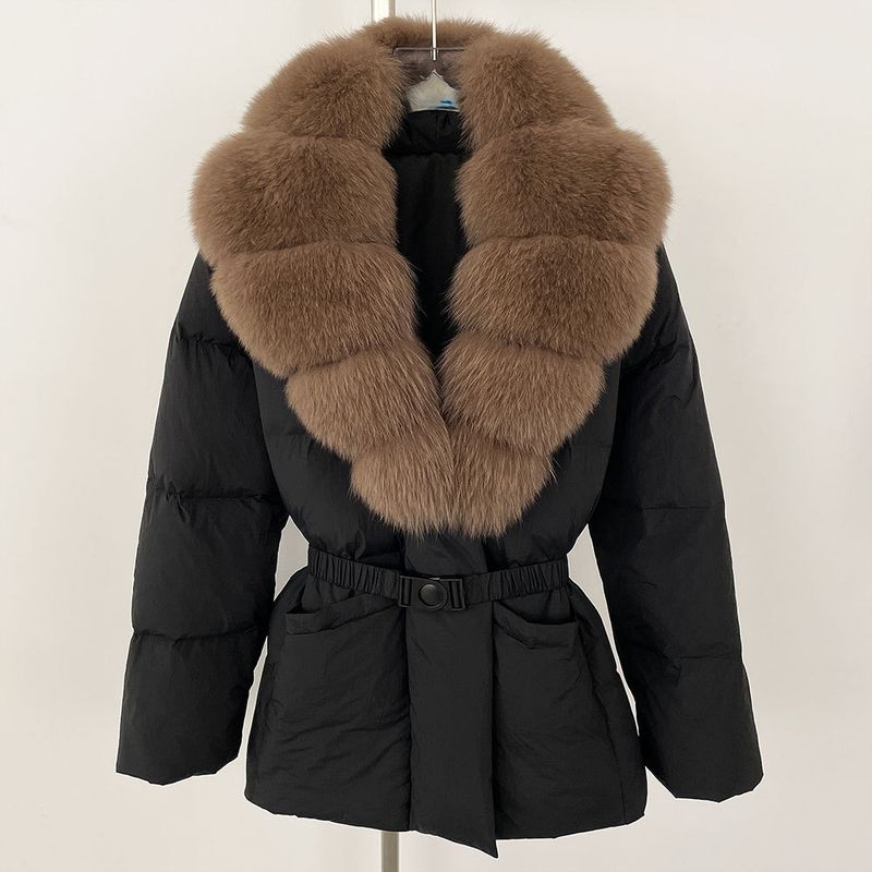 Eleganter Damen-Langdaunenmantel mit Fuchspelzbesatz, schmale Taille, 90 % weiße Entendaunen, warme Winterjacke_voghion.com