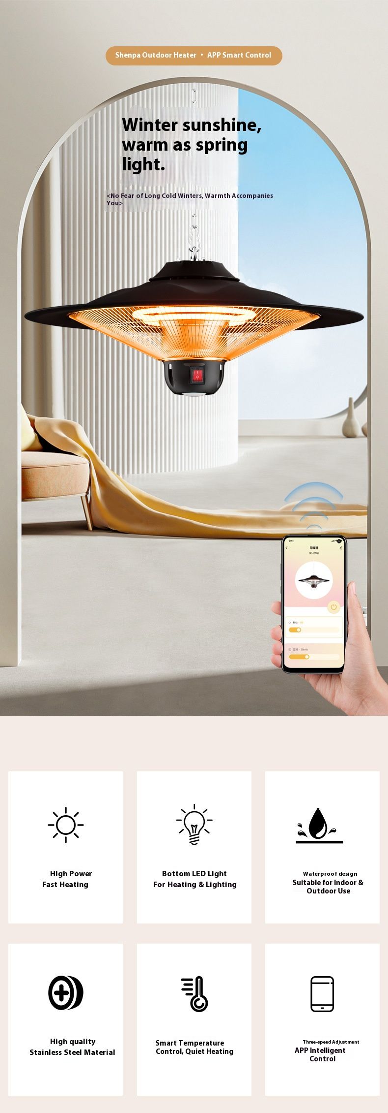 Wandmontierter Kohlefaserheizer – 2500 W schnell aufheizender elektrischer Terrassenheizer mit Fernbedienung und APP-Steuerung, 3 Geschwindigkeitsstufen_voghion.com