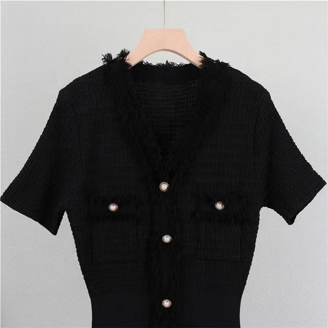 Abito in maglia a maniche corte con scollo a V da donna, temperamento in vita, abito lavorato a maglia_voghion.com
