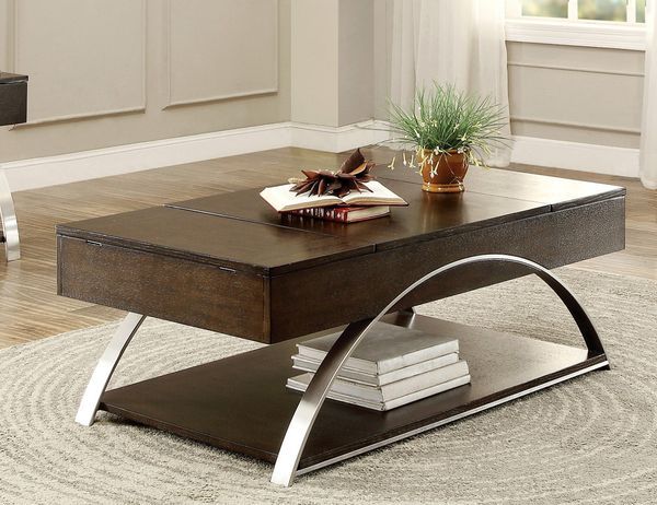 Modern Living Room Furniture 1pc Lift Top Coffee Table With Display Shelf Espresso Finish Wood Chrome Metal Finish Unique Style Cocktail Table_voghion.com