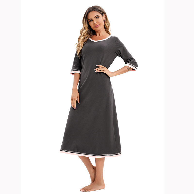 Roupas femininas, camiseta feminina de comprimento médio, saia longa, decote em V, algodão, cor combinando, manga três quartos, camisola, comprimento médio, roupas para casa_voghion.com