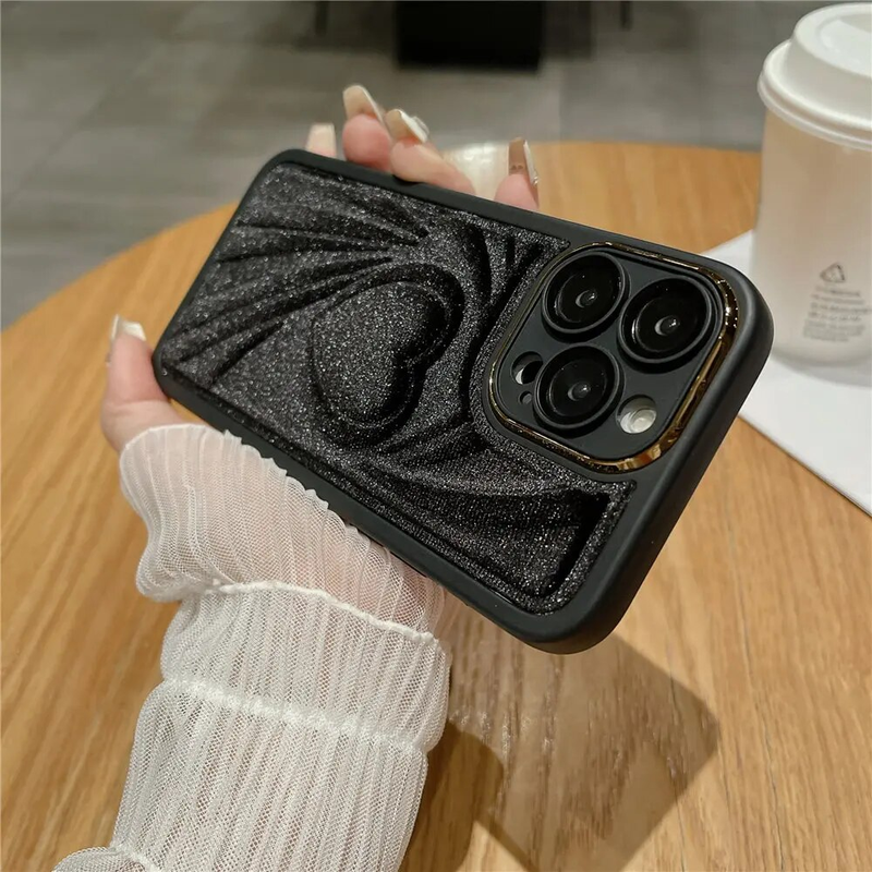 Custodia morbida al tatto in pelliccia con motivo a cuore 3D per iPhone 15 14 Plus 12 13 11 Pro Max, pellicola protettiva antiurto in vetro temperato_voghion.com