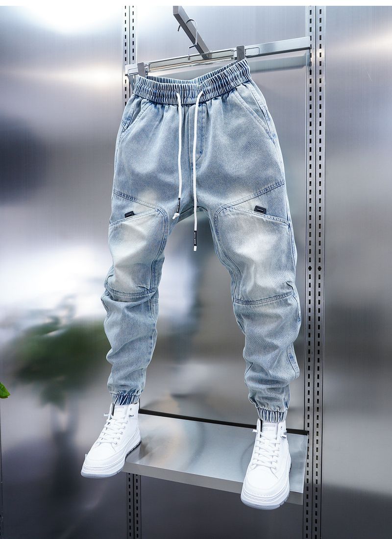 Men's Multi-Pocket Work Jeans – Loose Cuff Washed Denim Pants, Retro Utility Style With Nine-Point Harem Fit_voghion.com