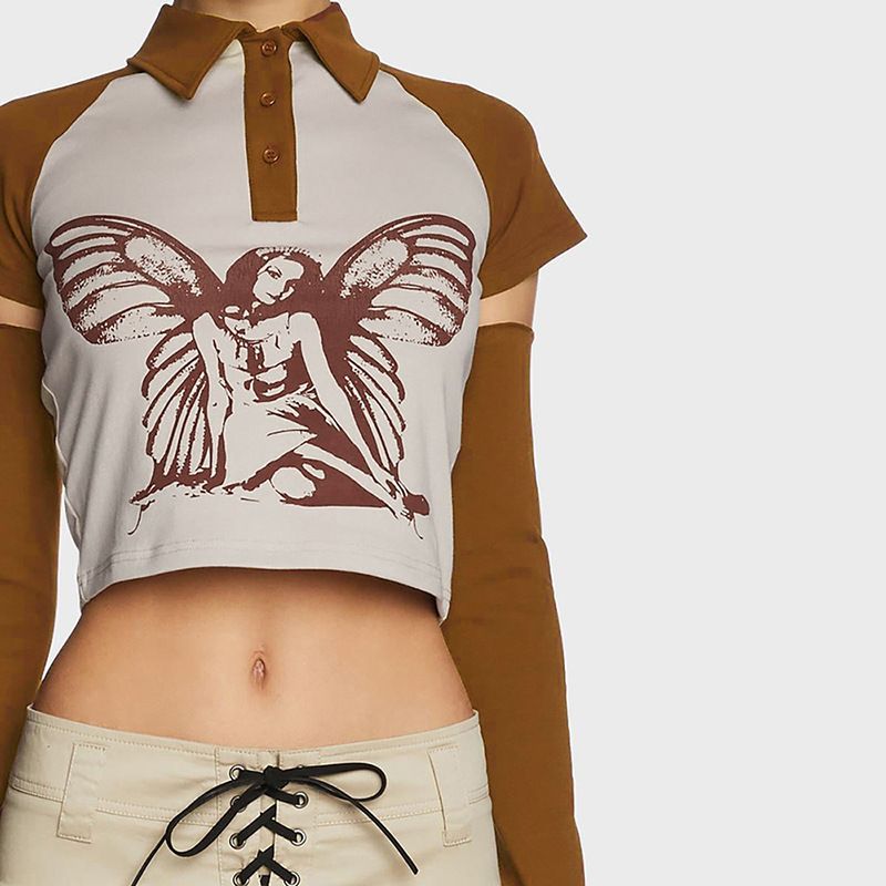 Q23TP274 Top de verano para mujer, personalizado, con cuello polo y hombros descubiertos, con estampado en contraste_voghion.com