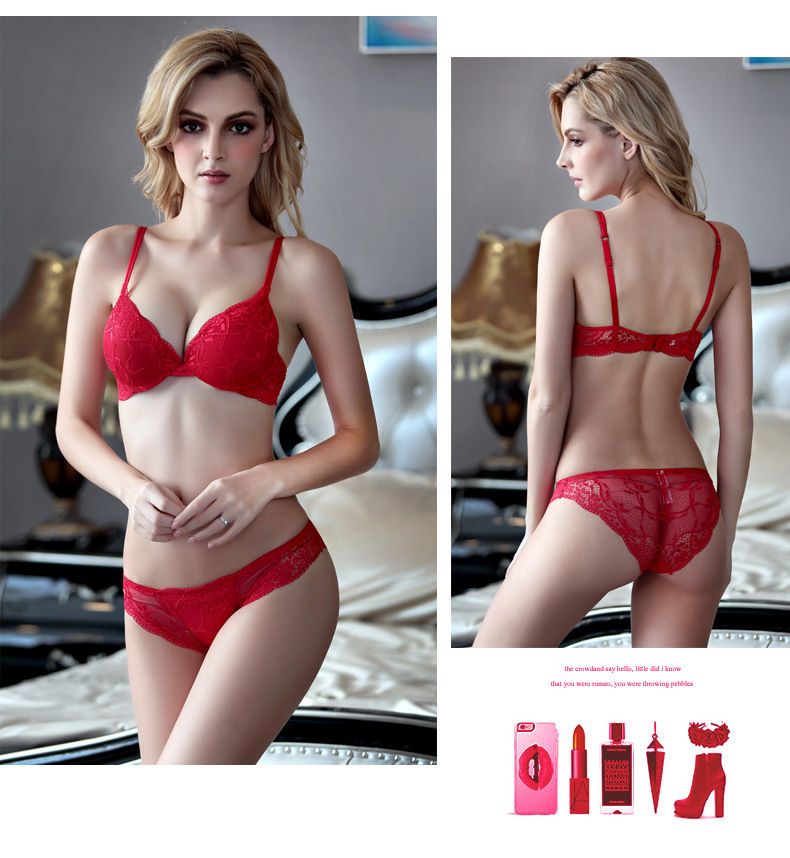 Sexy Deep V Women's Underwear Small Chest Gathering Anti Sagging Primitive Red Lace Bra Set_voghion.com
