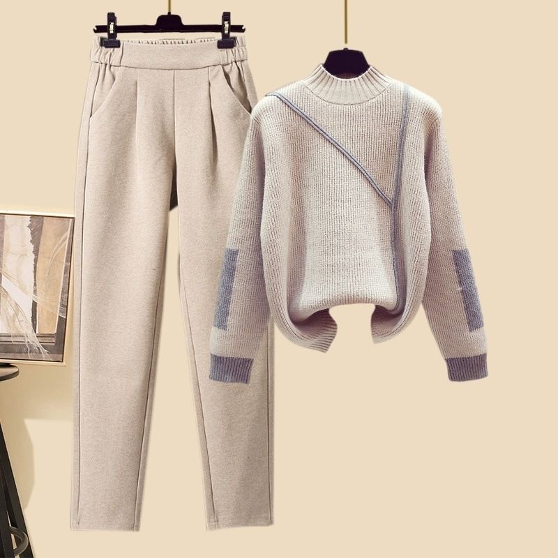 Women's Clothing Suits Thickened Vest High Collar Knitted Sweater Carrot Pants Three Piece Suit_voghion.com