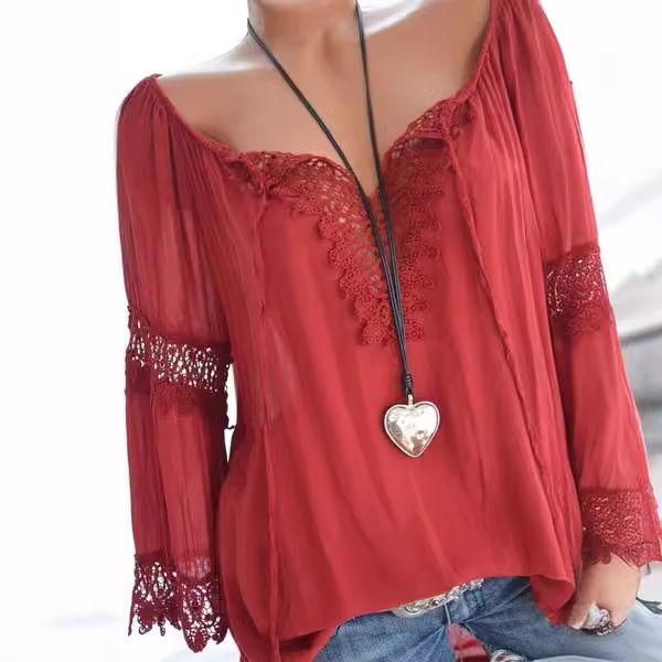 Schulterfreie Bluse mit Spitzenbesatz – Atmungsaktives, leinenähnliches Langarm-Top mit Bindedetail (Weiß/Schwarz/Rosa/Rot/Grau/Braun, S-XXL, Boho & Casual)_voghion.com