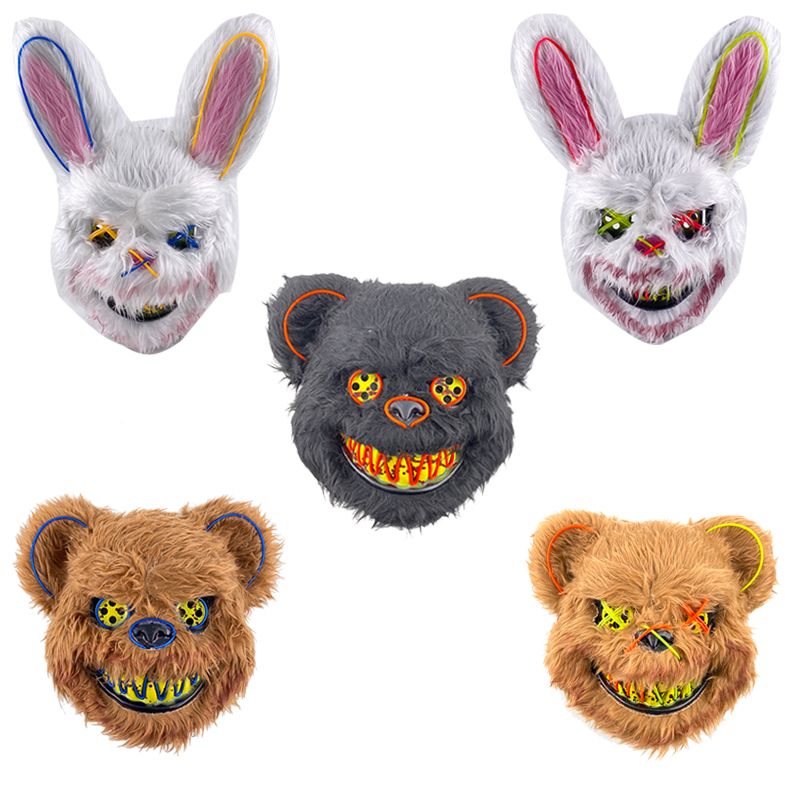 Máscara de coelho sangrento de LED, máscara de urso preto assassino brilhante, fantasia de festa de dança de Halloween, adereços de cosplay, máscara de coelho de pelúcia assassinado_voghion.com