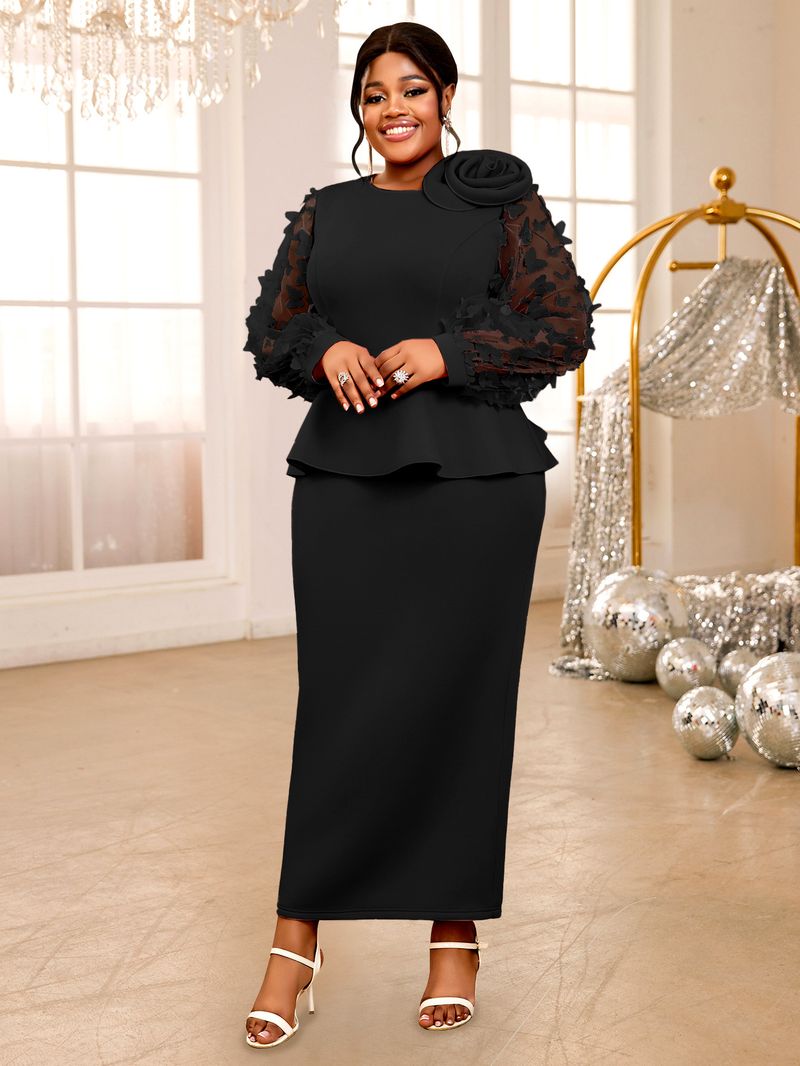 Elegantes Partykleid in Übergröße – Fließendes Midikleid mit Glockenärmeln und Rüschensaum, schwarzes Abendkleid mit hoher Taille für Damen_voghion.com