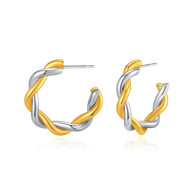 Gold and silver contrasting design personality earrings K real gold plated niche metal texture cross twist earrings_voghion.com