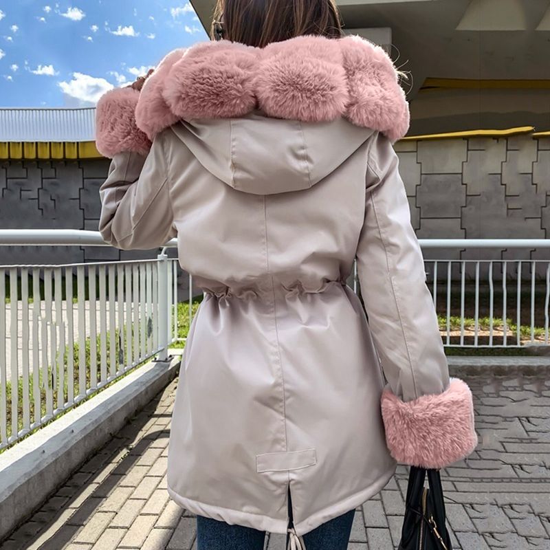 Women's Hooded Zip-Up Puffer Coat – Detachable Faux Fur Trim Long Sleeve Winter Jacket (Black, Beige)_voghion.com