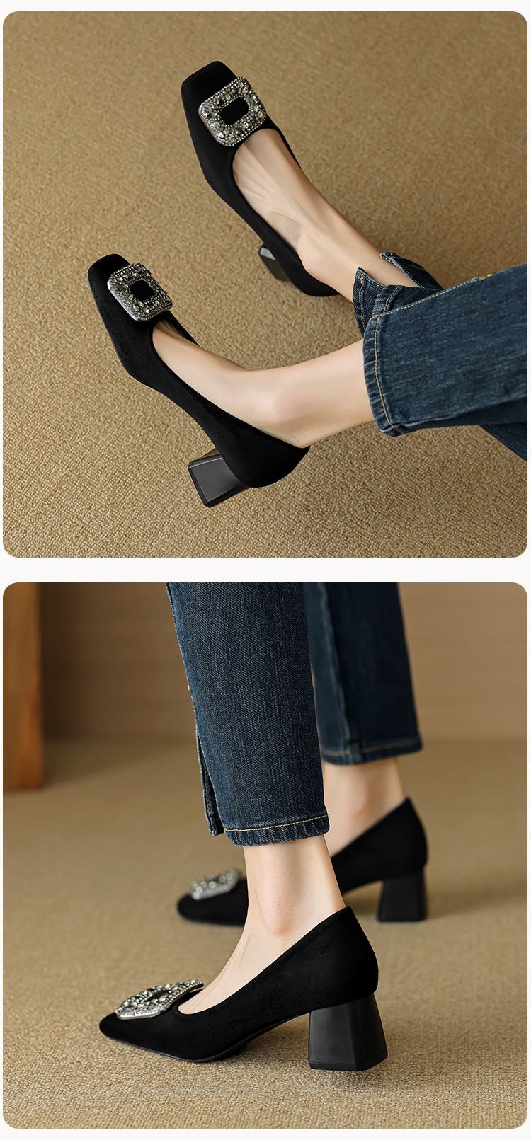 Scarpe con tacco alto francesi da donna, con strass, un pedale, nere, leggere, con tacco spesso, singole, da donna_voghion.com