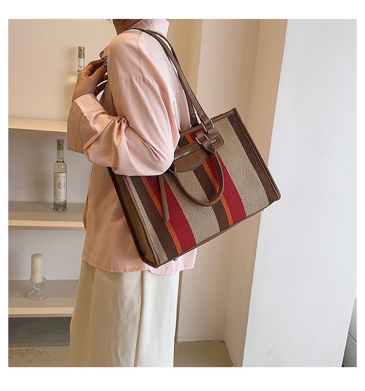 Baigou Luggage, Canvas Tote Bag, Women's 2024 New Contrasting Striped Handbag, Large Capacity Shoulder Bag_voghion.com