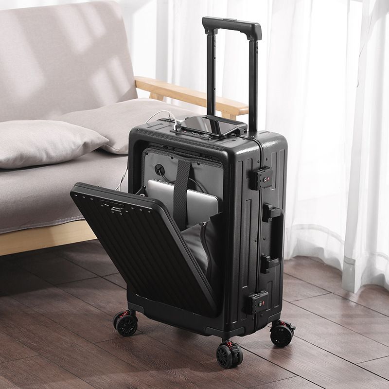 Bagaglio a mano resistente con telaio in alluminio, porta di ricarica USB, portabicchieri e supporto per telefono - Valigia leggera in ABS+PC per viaggi d'affari_voghion.com