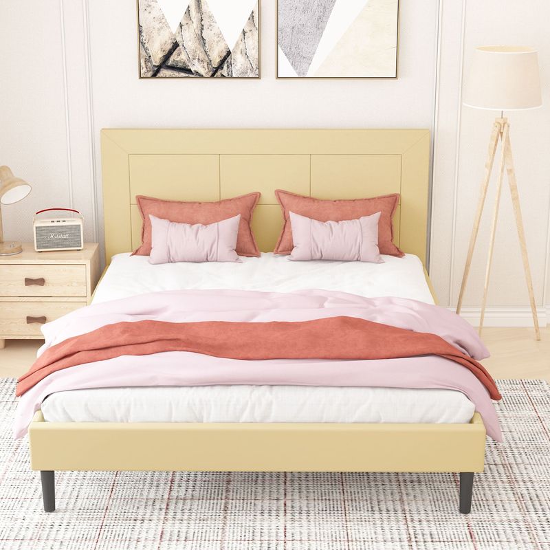 Queen Size Wood Slat Bed Frame 800 Lbs Capacity With PU Leather Headboard_voghion.com
