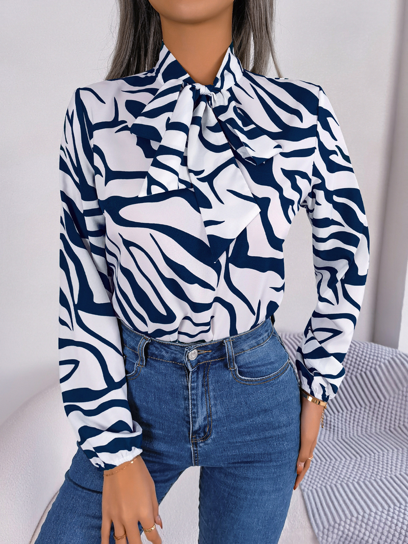Blusa feminina com decote em v manga comprida estampa listrada casual solta camisa de trabalho elegante blusa de negócios_voghion.com