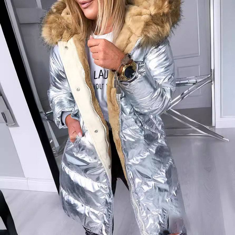 Dámská teplá lesklá bavlněná bunda s kožešinovým límcem, slim fit, podšívka na zip_voghion.com