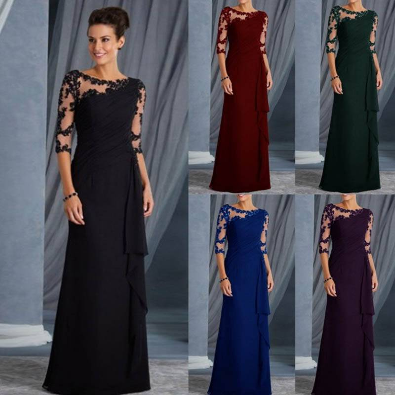 Damenbekleidung Frühling und Sommer Langes, durchsichtiges Spitzenkleid mit Rundhalsausschnitt und mittellangen Ärmeln_voghion.com