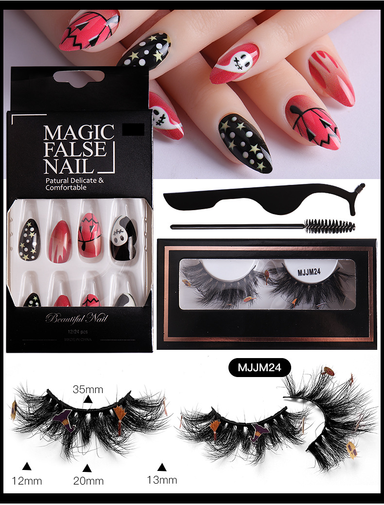 European And American Halloween Mink Faux Lashes & Nail Tips Combo Set With Application Tools_voghion.com