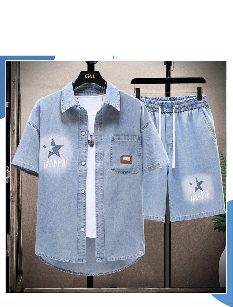 Herenkleding Zomer Korte Mouwen Heren Casual Pak Trendy Denim Overhemd Dunne Tieners Losse Knappe Shorts Tweedelig Pak_voghion.com