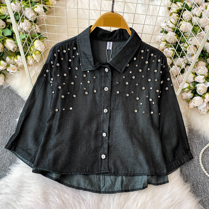 Luxe blouse met versieringen voor dames, statement revers, top met halflange mouwen, 8 levendige kleuren (zwart/groen/rood/meer) voor op kantoor en een avondje uit_voghion.com