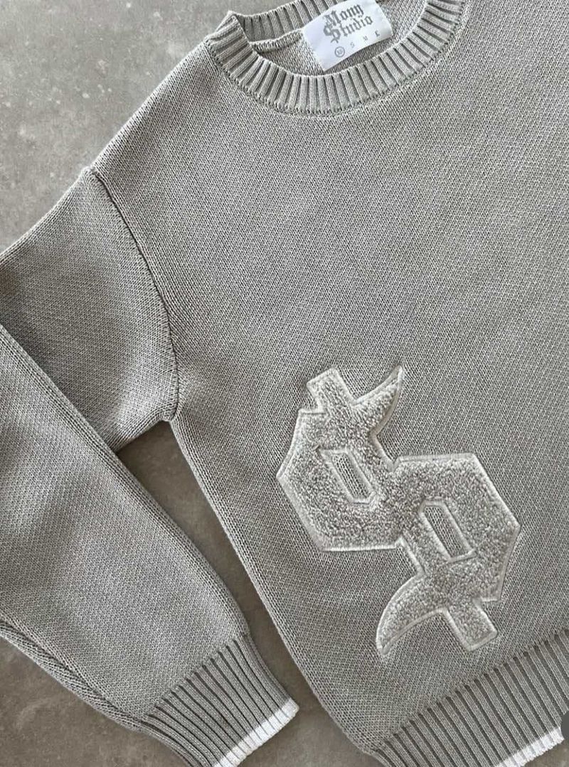 Men's Embroidered Crewneck Sweater High Street Design Jacquard Loose Knitwear Autumn Winter Casual Fashion Top Grey_voghion.com