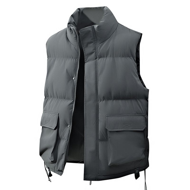 Unisex-Weste mit Stehkragen – Leichte, ärmellose Winter-Pufferjacke mit Reißverschluss und Kordelzug (M-4XL, Schwarz/Grau/Creme)_voghion.com