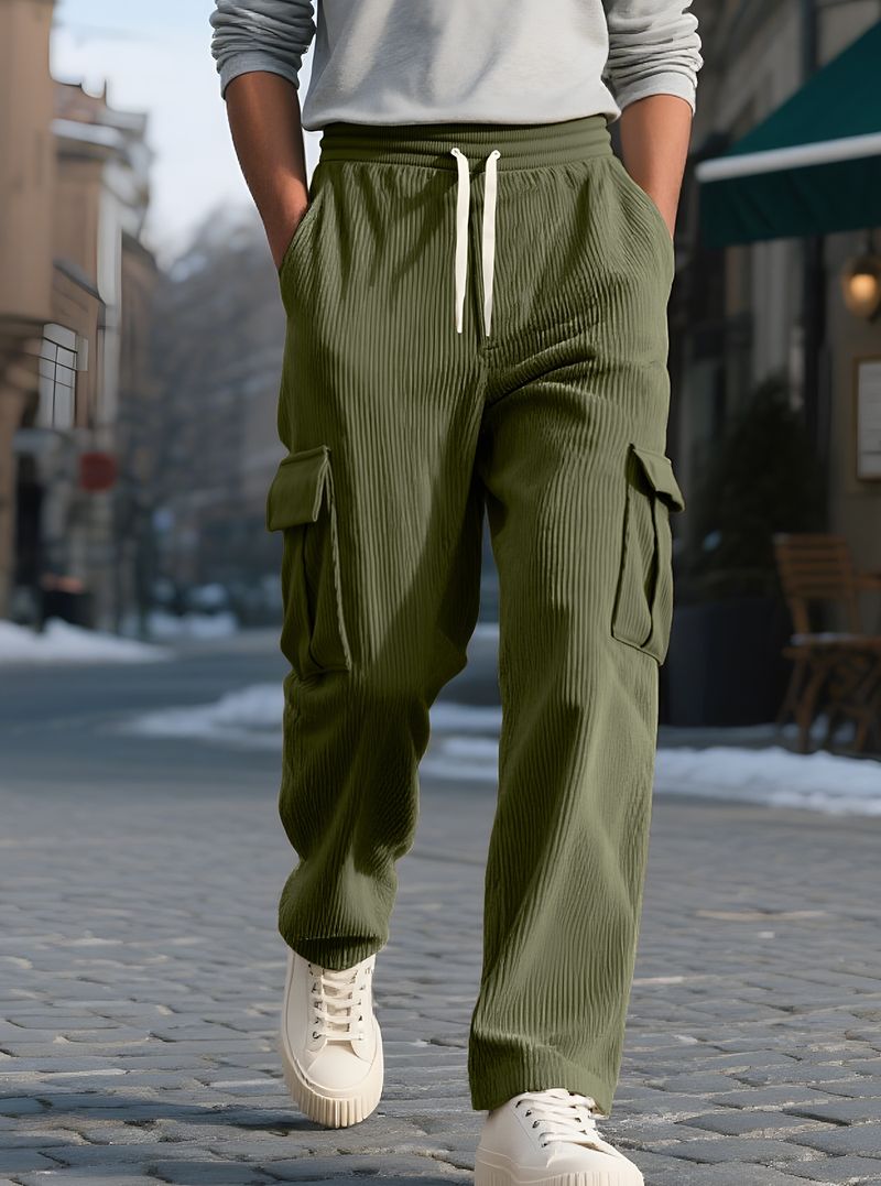 Herrenbekleidung Herren Cord-Arbeitshose – Vintage-Freizeithose mit weitem Bein und praktischen Taschen_voghion.com