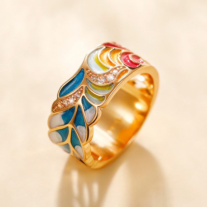 Cao Shi Fashion ins Wind Net Red Ring Punk Style Copper Gold Plated Oil Drop Blue and white porcelain Pattern Hip Hop Ring_voghion.com