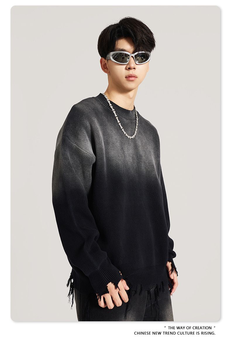 Vêtements pour hommes, Vintage, mode, coupe délavée, col rond, pull en tricot dégradé, haut de couple_voghion.com