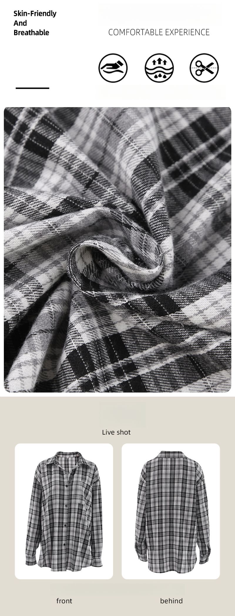 Chemise à carreaux noirs et blancs pour femme, style américain mi-long, coupe ample, idéale à superposer._voghion.com