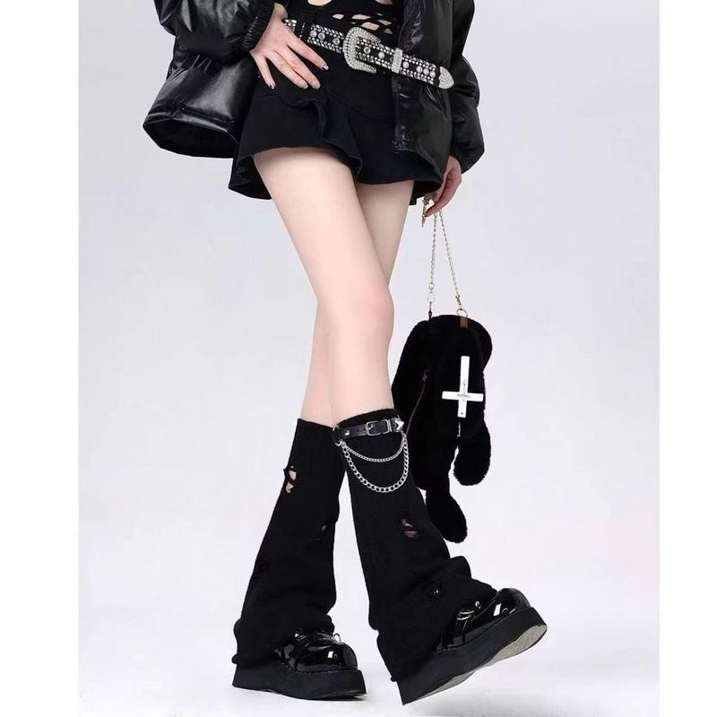 Scaldamuscoli neri larghi con fibbia in pelle e anello punk, per cosplay, sottocultura Y2K, calzini morbidi sopra il ginocchio, stile versatile_voghion.com
