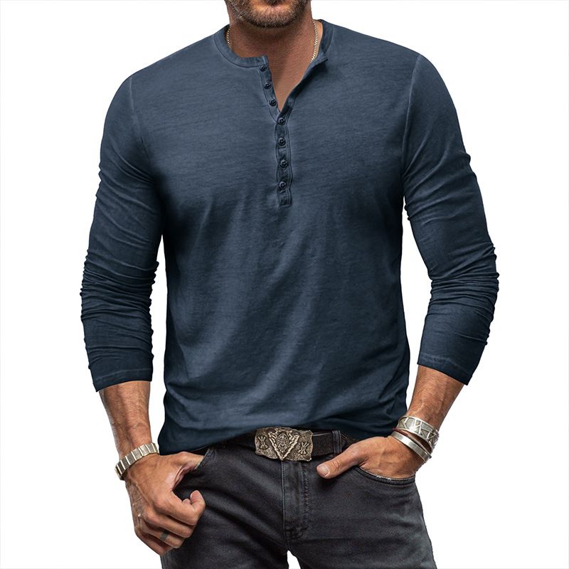 Europäisches Herren-Henley-Hemd, Retro-Langarm-T-Shirt, Herren-T-Shirt mit Knöpfen, gewaschenem V-Ausschnitt_voghion.com