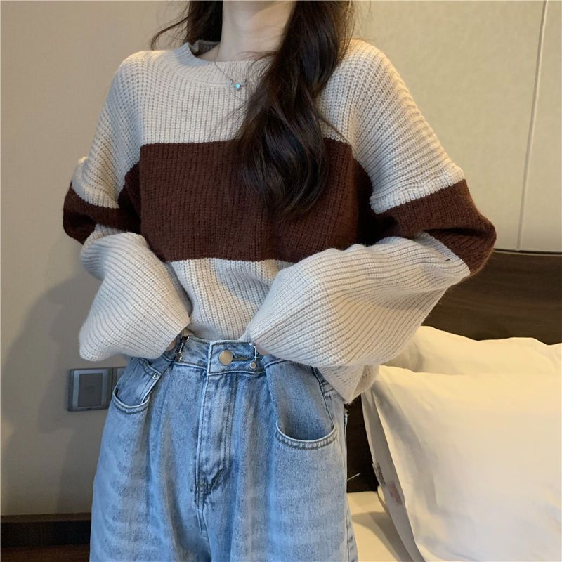 Pull à manches longues style paresseux, ample et amincissant, polyvalent, haut court en tricot à blocs de couleurs, tenue printemps-automne_voghion.com
