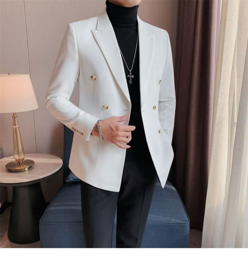 Dubbelrijs Casual Pak Jas Voor Heren Blazers Lente Herfst High-end Brits Zakelijk Trendy Afslankend Glad Silhouet_voghion.com