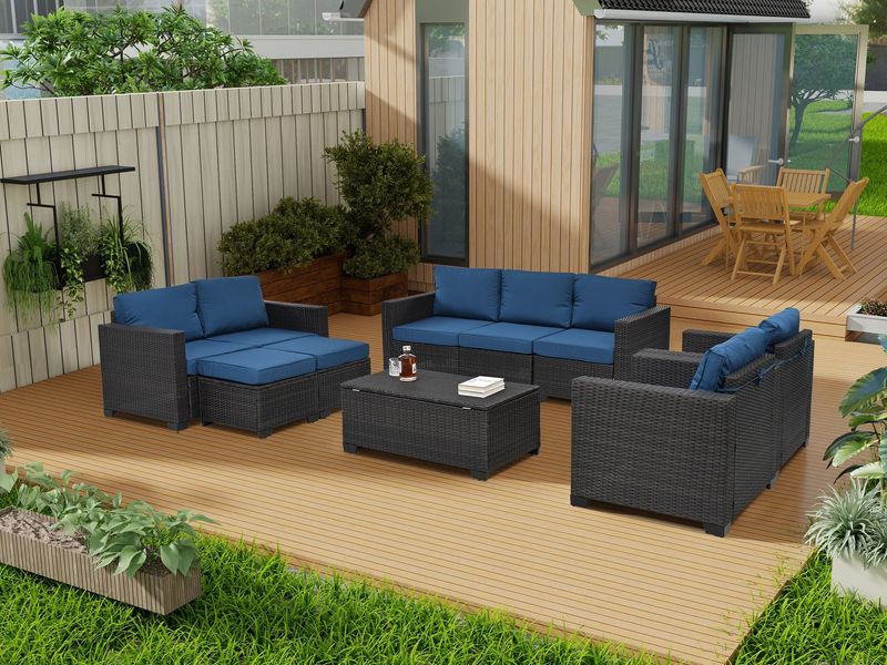 10 Piece PE Rattan Patio Furniture Set, Sectional Sofa Set, Outdoor Patio Furniture Set With Cushions & Tempered Glass Coffee Table_voghion.com