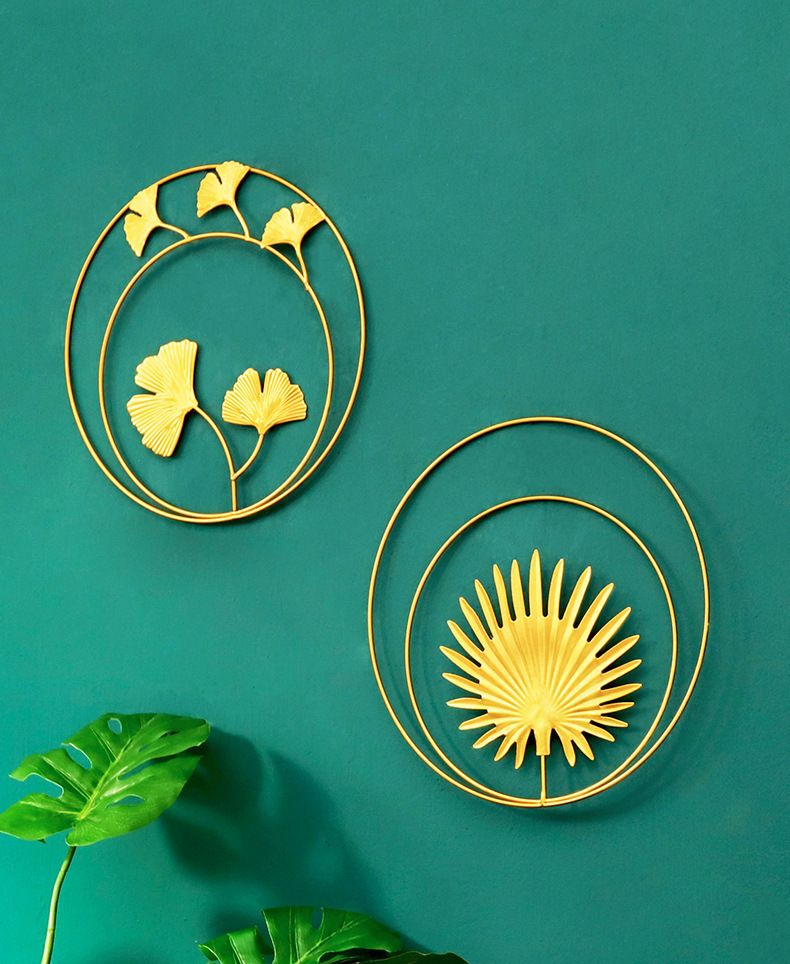 Set di decorazioni da parete in metallo, moderno motivo a foglia di ginkgo e foglia di palma in ferro battuto per soggiorno, camera da letto, studio - finitura oro, arredamento minimalista per la casa._voghion.com