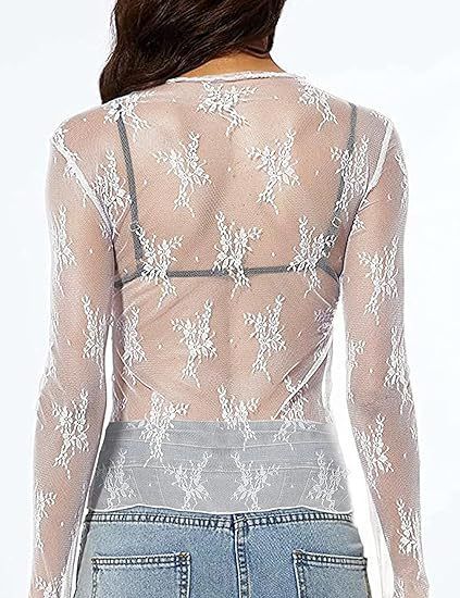 Top da donna, maniche lunghe, collo alto, camicia trasparente, top in pizzo floreale trasparente, hanno un vero colpo_voghion.com