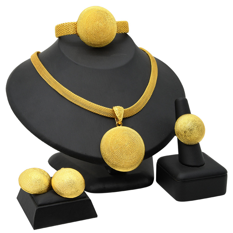 Gold Plated Jewelry Set Bride Necklace Earrings Ring Bracelet Sand Gold Accessories_voghion.com