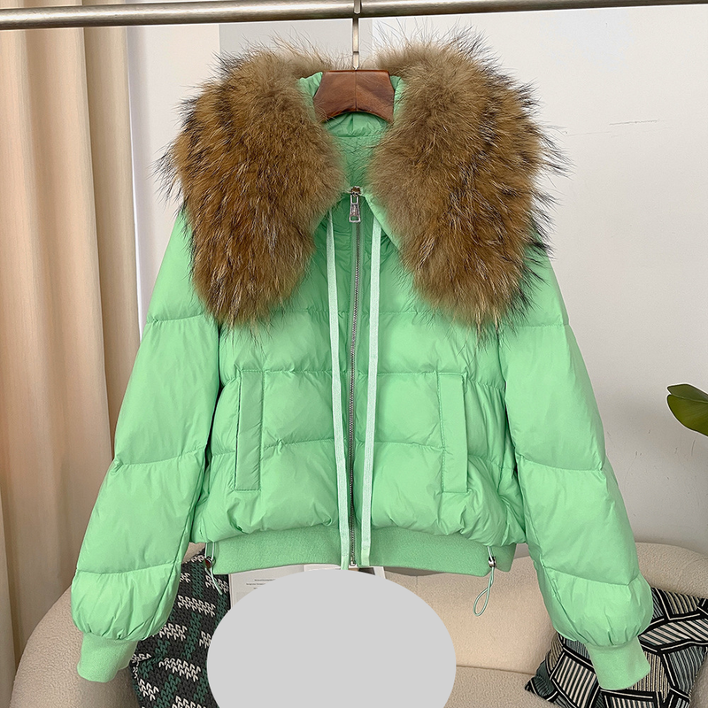 Dameskleding Oversized wasbeerbontkraag Winter Dames korte verdikte witte eendendonsjas platte jas jas_voghion.com