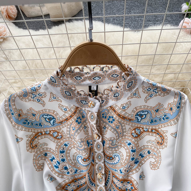 Női ruházat Retro állógallér trombita ujjú nyomtatott ruha palota stílusú nagy hinta térdig érő szoknya_voghion.com