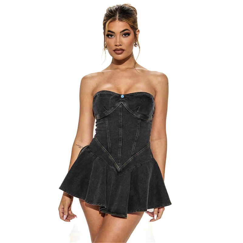Mini abito a trapezio sexy da ragazza hot in denim senza maniche alla moda transfrontaliera_voghion.com