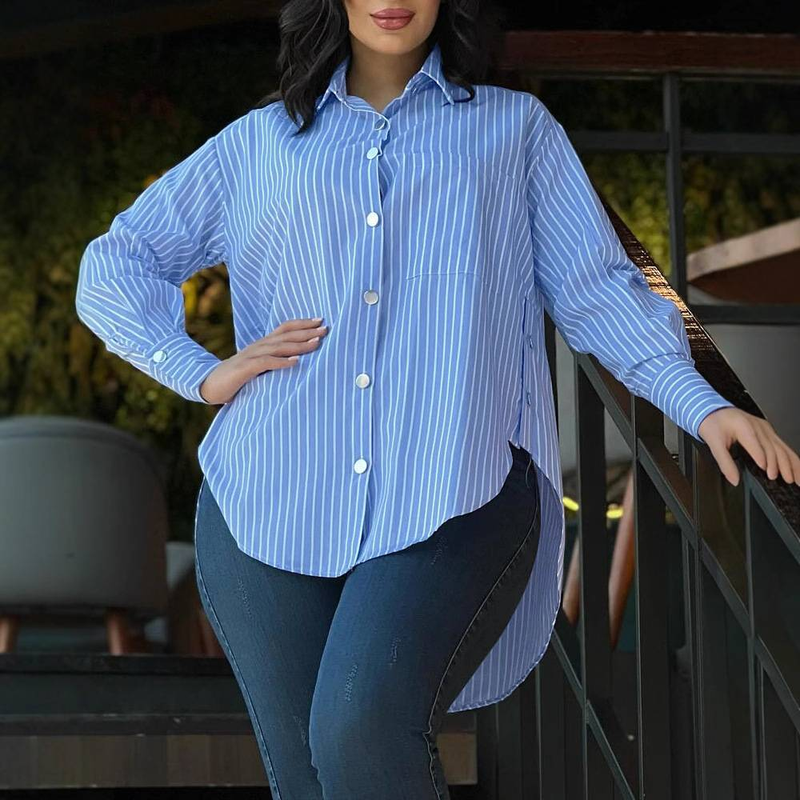 Camicia a righe da donna con bottoni e orlo asimmetrico - Blusa casual a maniche lunghe per il lavoro e l'uso quotidiano_voghion.com