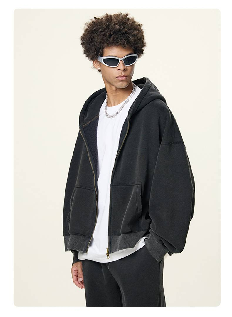 NOKO-Uomo | Completo composto da giacca con cerniera, pantaloni della tuta a gamba larga, in pile stile American Boxy, lavaggio intenso, colore scuro._voghion.com