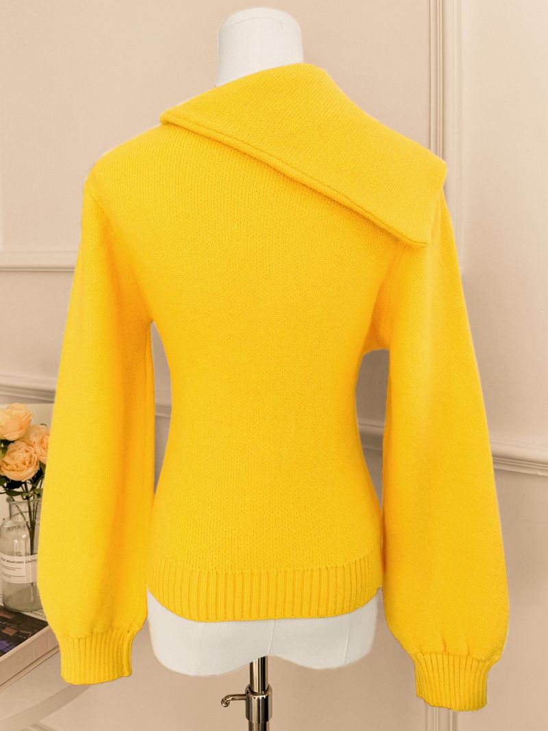 Elegant Asymmetric Collar Knit Sweater For Women - Slim Fit Button Detail Long Sleeve Pullover Top_voghion.com