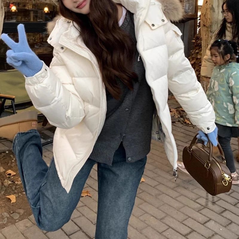 Couple's Winter Down Jacket With Hood – Warm White Duck Feather Coat In Black & Beige (S-L, Mid-Length, Unisex)_voghion.com