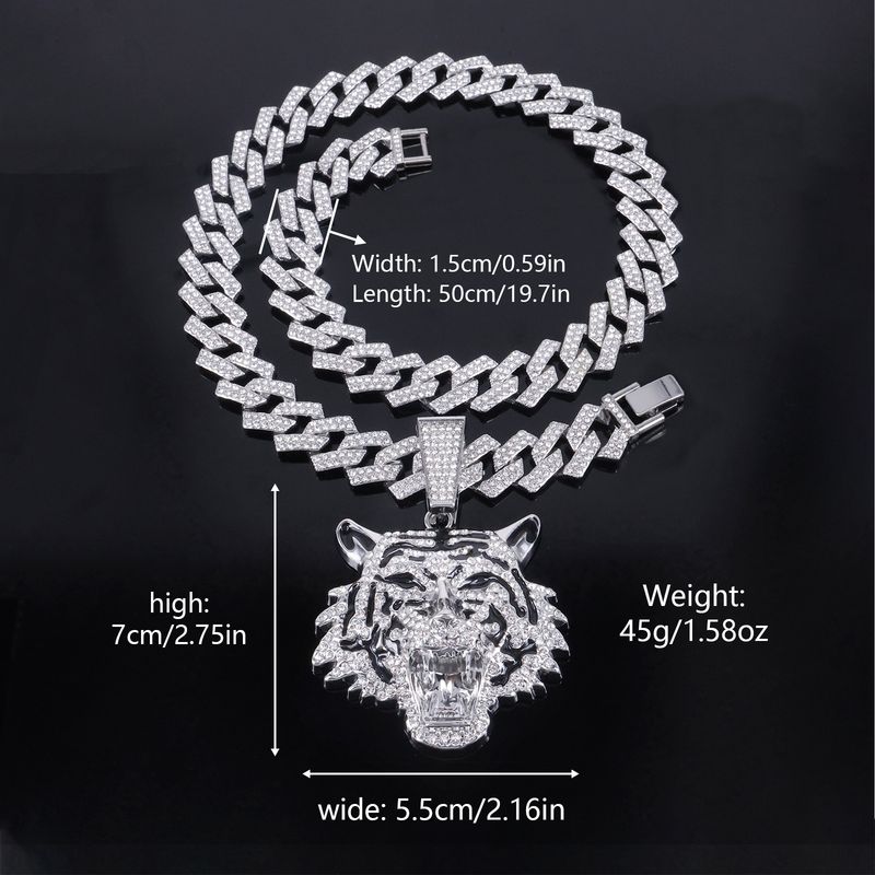 Unisex Cool Three Dimensional Full Diamond New Oil Painting Tiger Head Pendant Trendy Personality Men's Hip Hop Necklace_voghion.com