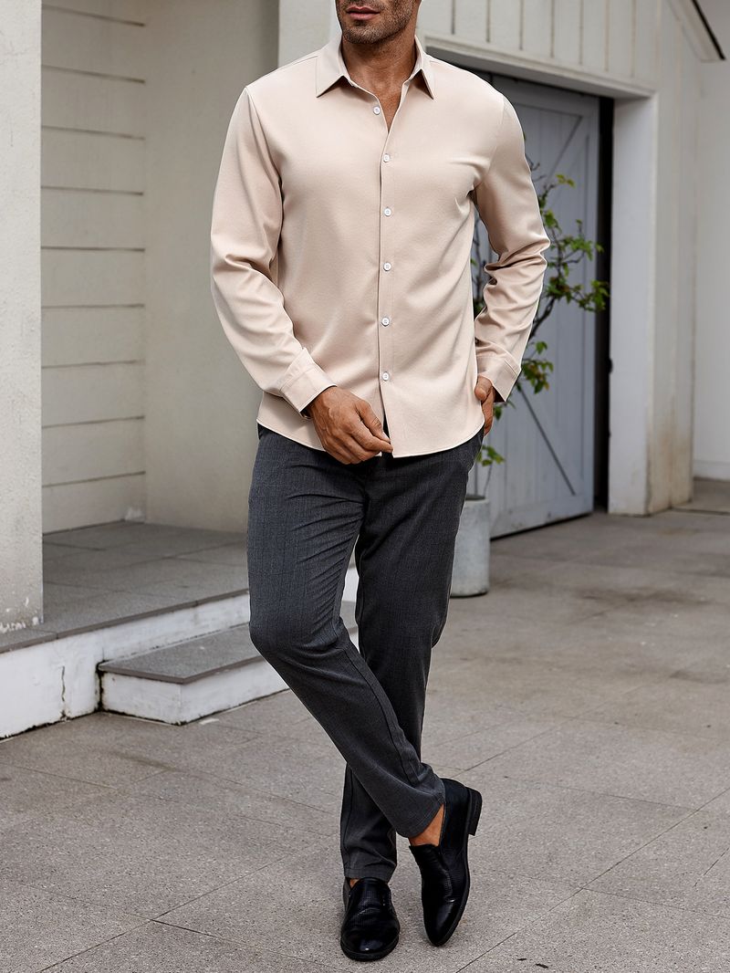 Herrenbekleidung, einfarbig, langärmelig, Business-Casual-Hemd mit Button-Down-Kragen, bügelfrei, knitterfrei_voghion.com